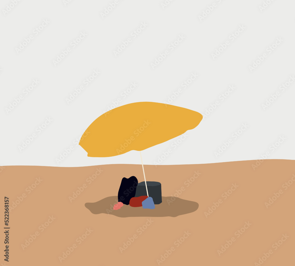 Beach umbrella with other vacationist's stuff on sand. Minimal Summer concept and holidays.