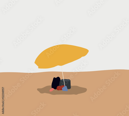 Beach umbrella with other vacationist's stuff on sand. Minimal Summer concept and holidays.
