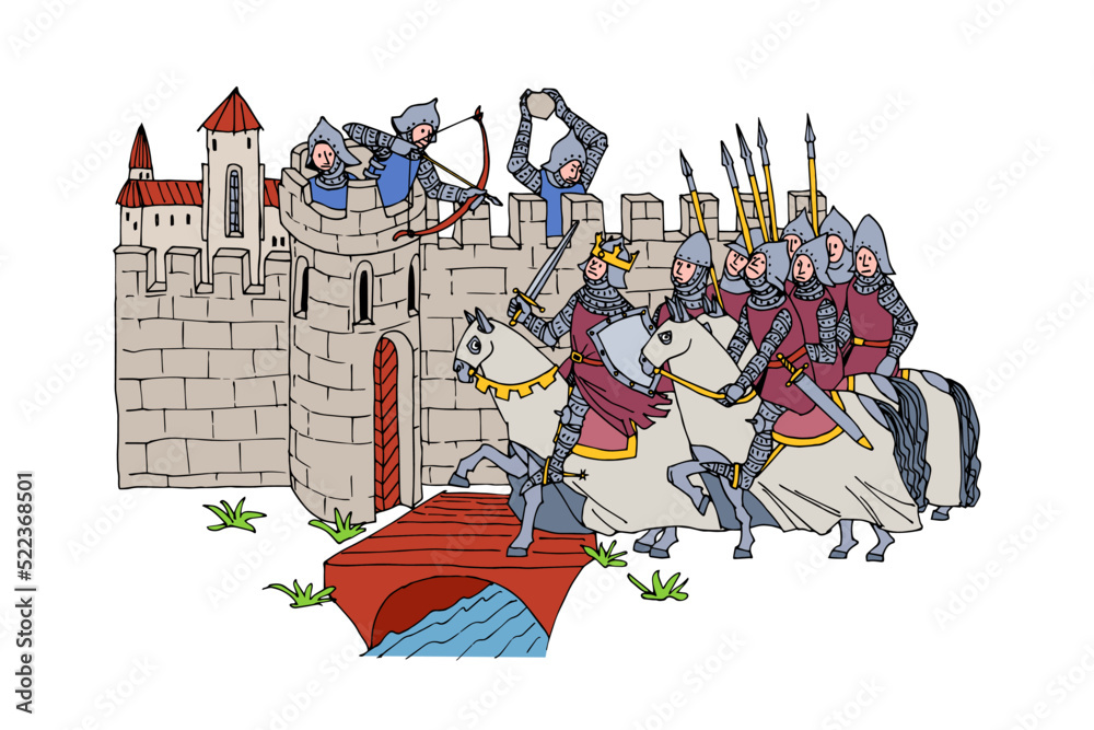 Conquerer Vector The siege of a medieval city. Storming the fortress. The conqueror king ...