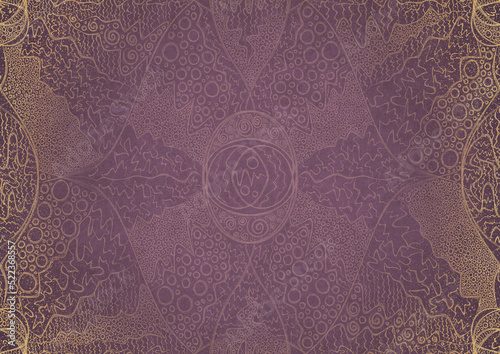 Hand-drawn abstract ornament. Light semi transparent pink on a purple back, with vignette of same pattern and sparks in golden glitter on a darker color. Paper texture. A4. (pattern: p05a)