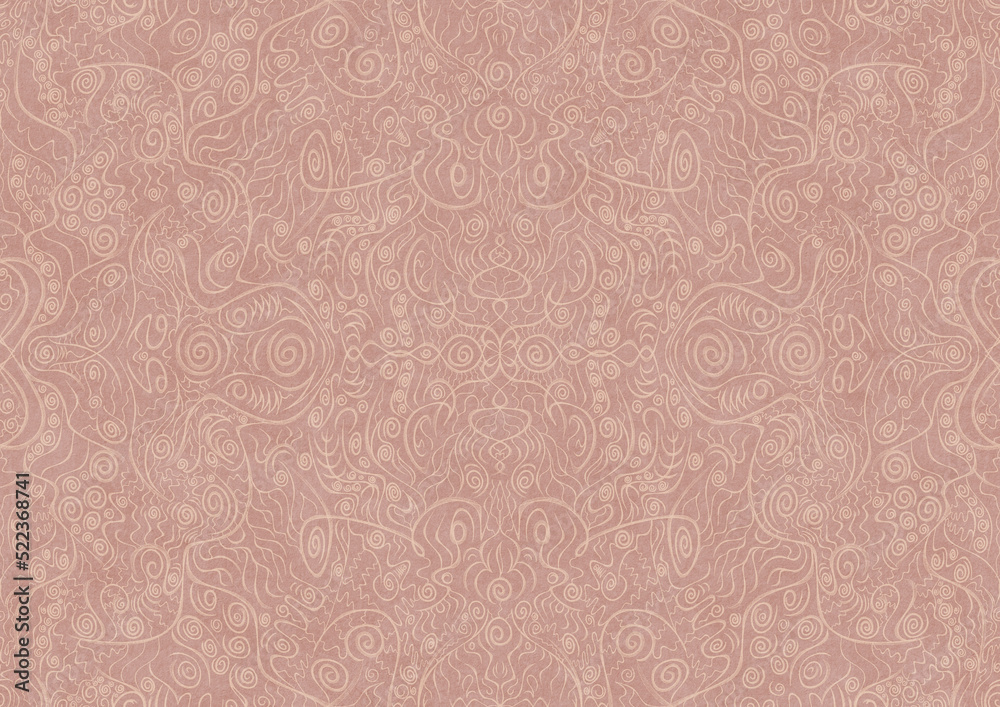 Hand-drawn abstract seamless ornament. Light semi transparent pale pink on a pale pink background. Paper texture. Digital artwork, A4. (pattern: p06a)