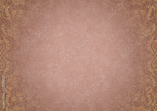 Hand-drawn abstract ornament. Light semi transparent pale pink on a pale pink back, with vignette of same pattern and sparks in golden glitter on a darker color. Paper texture. A4. (pattern: p06a)
