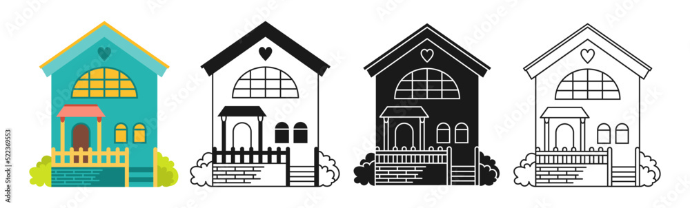 House front flat cartoon or engraved ink stamp or linear doodle design set. Urban, vintage loft facade, small and tiny houses. Modern cozy buildings. Residential homestead, cottage or villa apartment