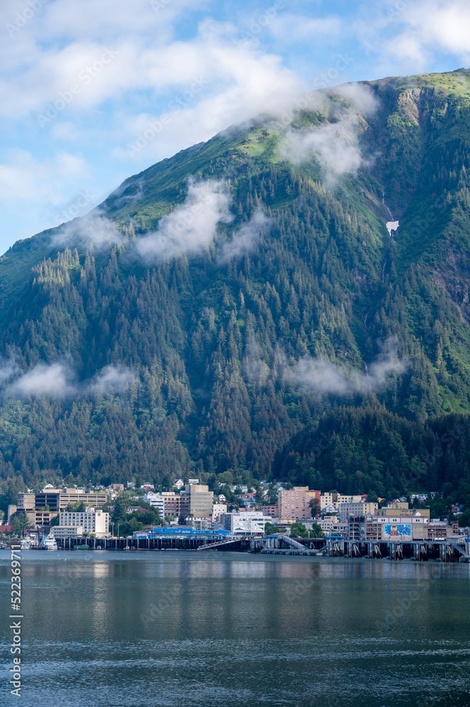 Fototapeta premium View of Juneau Alaska skyline and docks from the water.