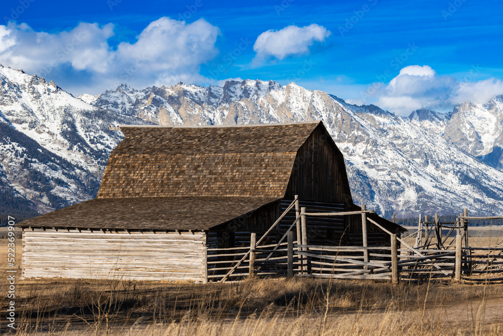 Compressed Telephoto view of one of the Moulton Barns in front of the Teton Range