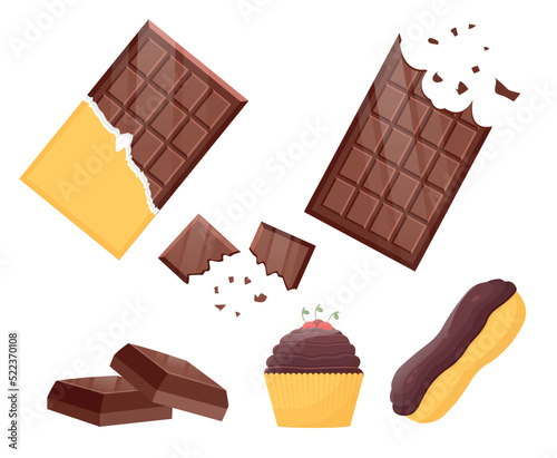 Chocolate candies set. Collection of sweets, sugar. Chocolate, cupcake and muffin. Cafe and restaurant or confectionery factory menu. Cartoon flat vector illustrations isolated on white backdrop