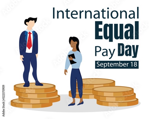 illustration vector graphic of a boss is standing on a gold coin and a woman is holding a book, perfect for international equal pay day, celebrate, greeting card, business, etc.
