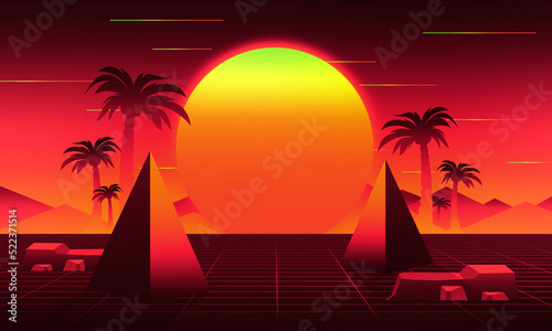 Synthwave and retrowave flyer background  vaporwave 80 s landscape  futuristic design  wave music  80s styled neon landscape