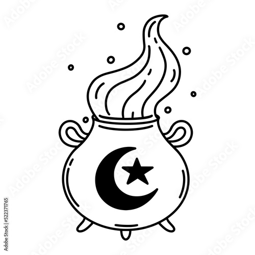 Witch cauldron vector icon. Boiler with handles, decorated with magic symbols - crescent, star. Black outline, simple doodle isolated on white. Potion with steam, bubbles. Sketch for web, logo, apps