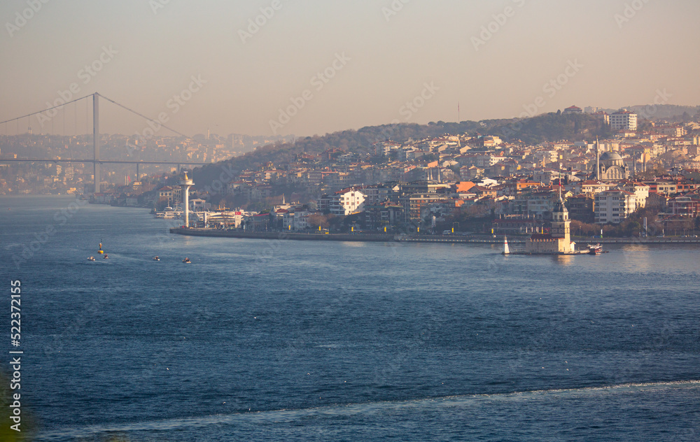 View of Bosphorus and Maiden's tower Kiz Kulesi in Istanbul, Turkey
