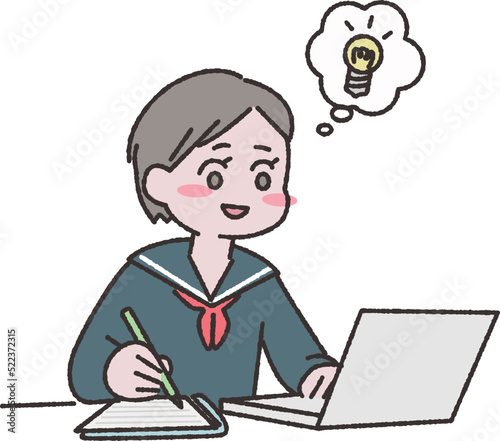 PCを使って勉強をする学生さんイラスト素材