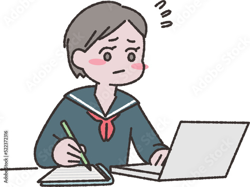 PCを使って勉強をする学生さんイラスト素材