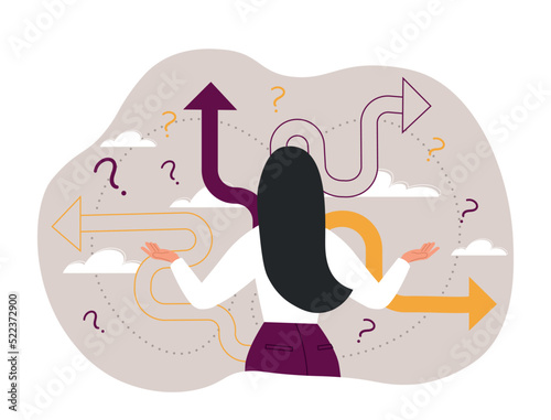 Making decision concept. Young girl evaluates ways and strategies of development. Planning and creative process, character overcomes mental impasse, brainstorming. Cartoon flat vector illustration
