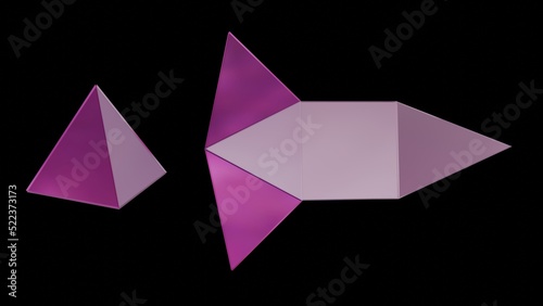 Origami pyramid unfolding. Pyramidal shape unfolds. 3d Origami tetrahedron  unfolding into flat object , polygon pieces.  3d render illustration photo
