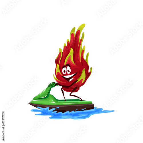 Cartoon cheerful dragon fruit on water bike scooter. Funny vector pitahaya character sportsman riding waterbike by sea waves. Watersport recreation, summer holidays activity, personage on vacation