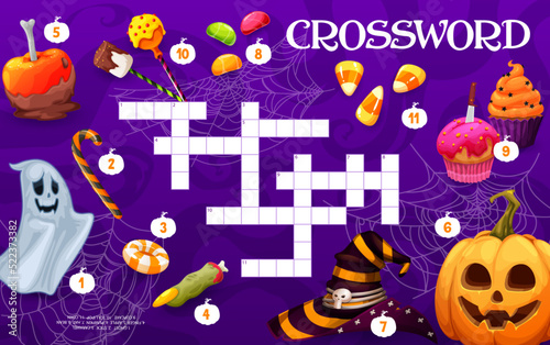 Crossword quiz game grid of cartoon Halloween holiday pumpkin, sweets and candies. Vector word puzzle worksheet, Halloween trick or treat food riddle with witch hat, lollipops, cupcakes, candy corn