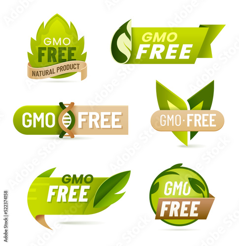 GMO free food icons or labels. Non GMO products vector icons or symbols with green leaves and DNA helix. Organic farm product, food bio safety and vegan diet meals pictogram, seal or sticker