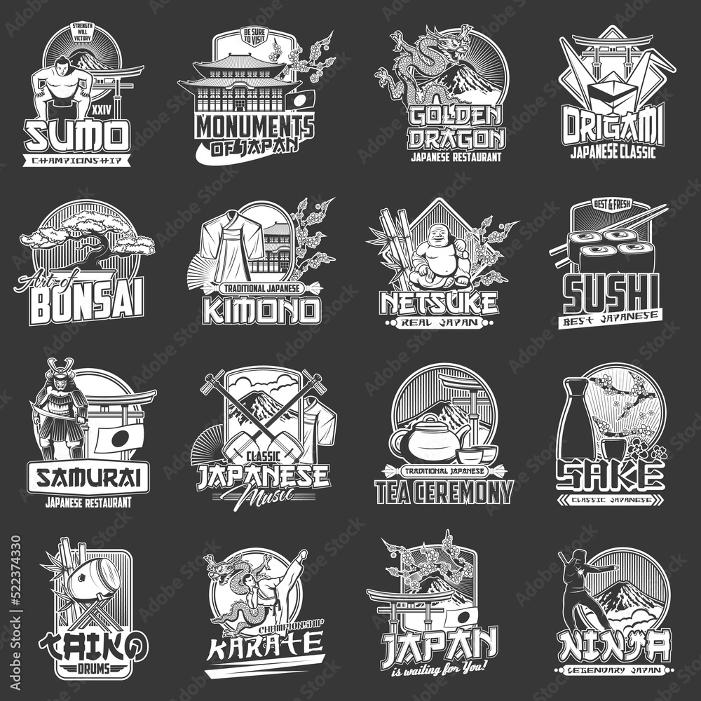 Japan culture, tradition, landmarks and food, vector icons of Japanese ...