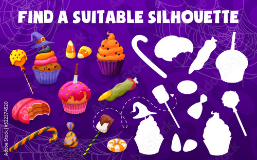 Find a suitable silhouette of Halloween holiday sweets and candies. Vector game or puzzle worksheet with match and connect trick or treat lollipops, cakes, candy corn, witch finger cookies, cupcakes