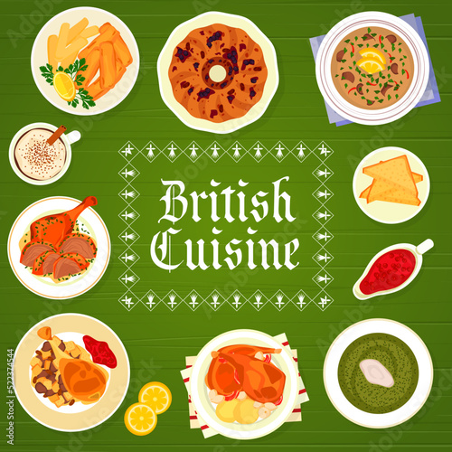 British cuisine menu cover page template. Irish coffee, cranberry sauce and baked rabbit, duck with mint sauce, fish with chips and English pudding, watercress cream soup, kidney soup and baked turkey