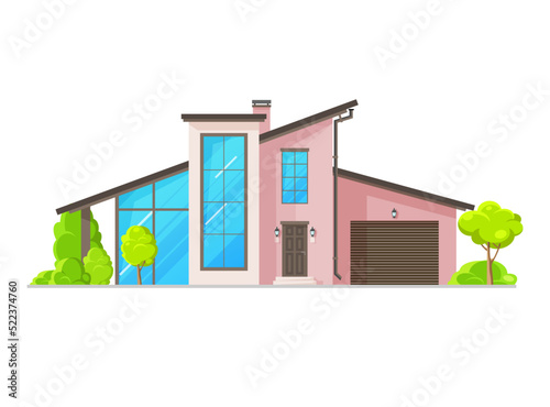 Residential neighborhood, custom built house building with large glass windows, vector. Suburban house or family mansion and bungalow dwelling modern facade, residential architecture or townhouse