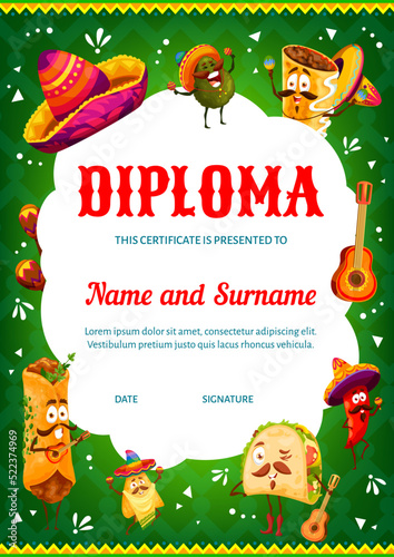 Vertical diploma with cartoon mexican avocado and chili pepper, nachos and tacos, enchiladas characters. Elementary school kids certificate, education achievement diploma or celebration invitation