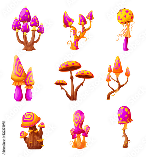 Fantasy fairy magic mushrooms, cartoon vector fungi. Isolated alien unusual plants with bizarre stipes and odd caps. Natural fairytale toadstools game assets, hallucinogenic poisonous fungus set