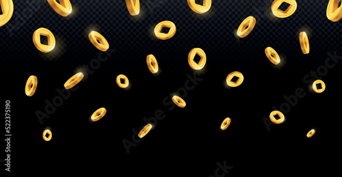 Asian traditional coins. Holed gold money falling from sky. Jewels and wealth. Financial literacy and currency exchange. Graphic poster or banner for website. Cartoon flat vector illustration