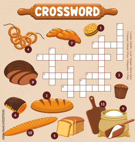 Desserts, flour and bakery crossword worksheet, find a word quiz game. Vector cookie, muffin, loaf and bagels, brick, croissant, bread, baguette and plate search puzzle for children learning activity