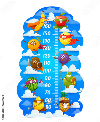 Cartoon fruits superhero kids height chart, growth meter ruler. Vector wall sticker with cartoon funny banana, pear and watermelon, plum, kiwi, orange and apple, pineapple characters on clouds