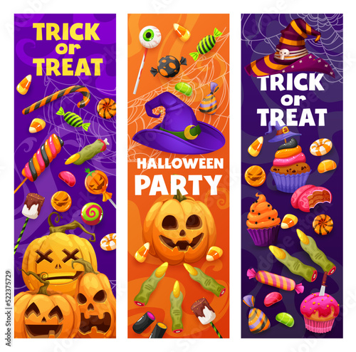 Halloween holiday banners of cartoon Halloween sweets and candies with witch hat and cobweb. Vector horror night pumpkin lanterns, cakes or cupcakes, candy corn, witch finger cookies and lollipops