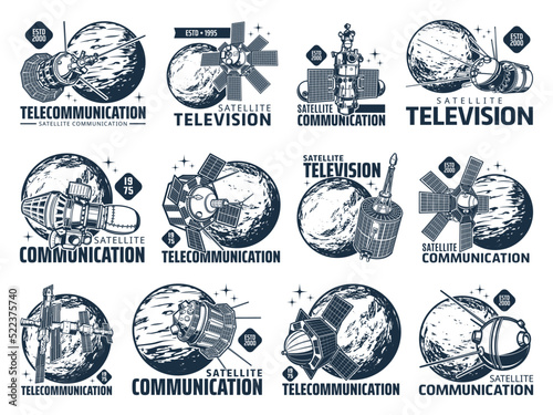 Telecommunication and television satellite vector icons of antenna dish, radio and telecom signal. Digital communication, TV broadcast and IP telephony telecommunication satellite technology icons