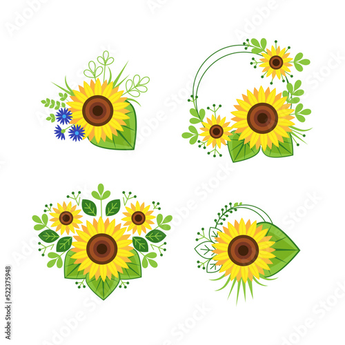 Set of compositions with beautiful sunflowers on white background