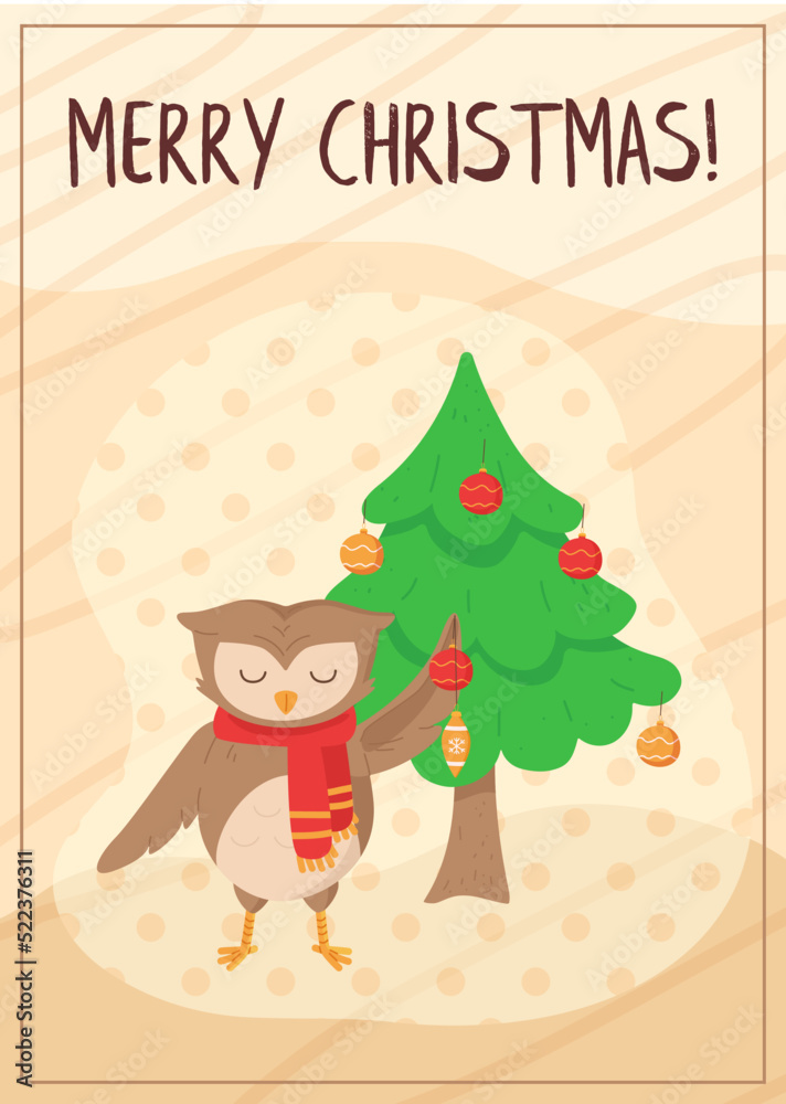 Fototapeta premium Cute owl decorating christmas tree card