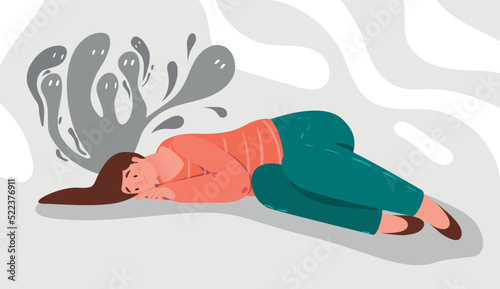Woman in depression. Young girl lies and does not want to do anything. Emotional burnout and loss of strength, horrors and fears, panic and stress, mental illness. Cartoon flat vector illustration