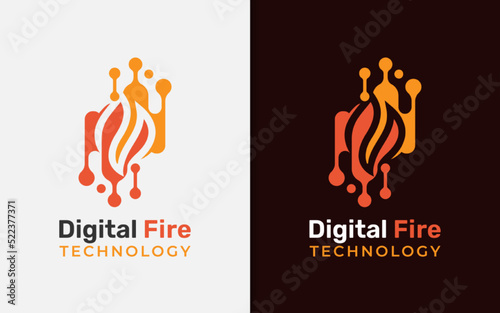 Abstract Fire with Tech Element Combination Logo Design. Vector Logo Illustration.