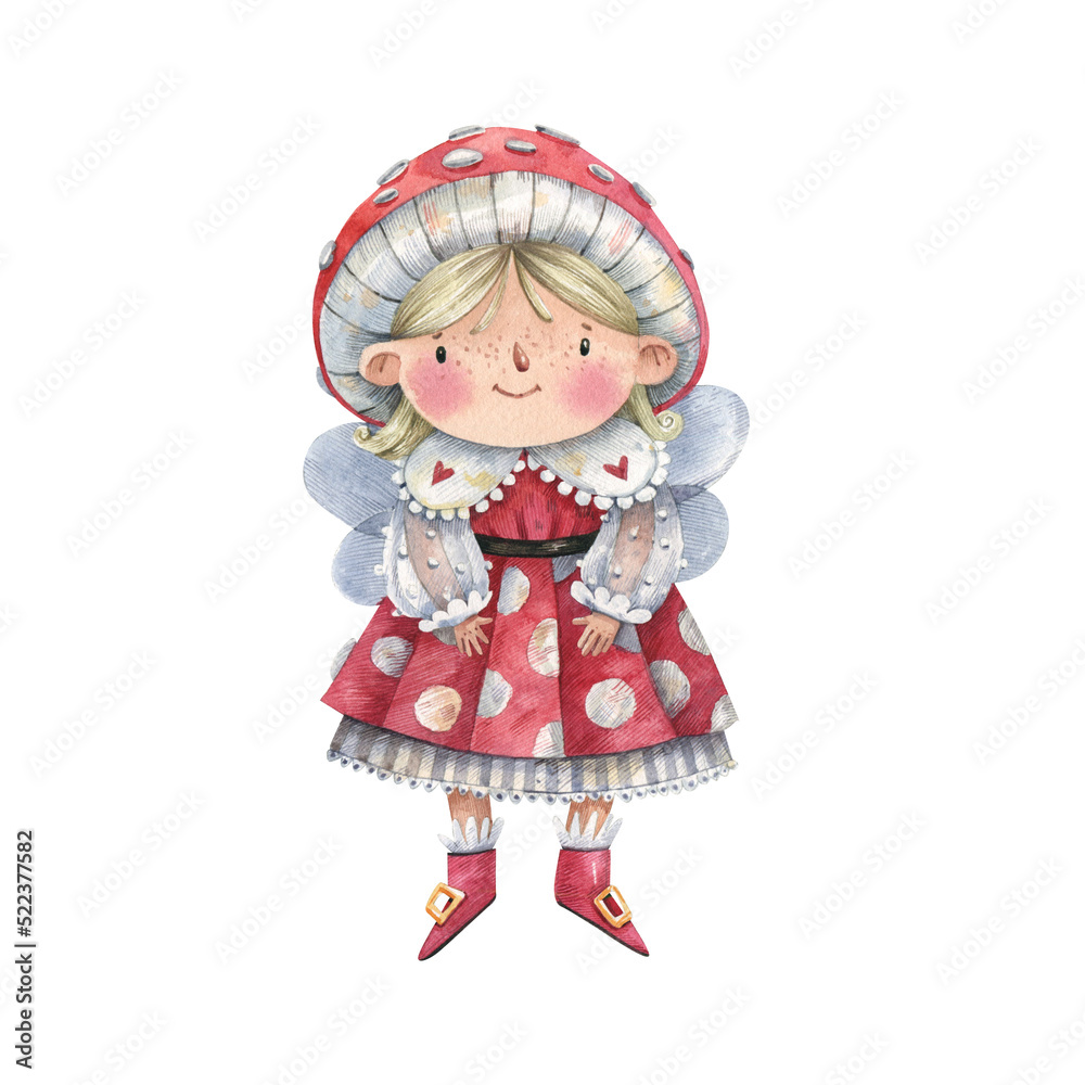 Cute little girl in fly agaric dress watercolor cartoon illustration isolated on white background. Fairy tale character, fairy, elf, amanita. Cute little girl in fly agaric dress watercolor cartoon illustration isolated on white background. Fairy tale character, fairy, elf, amanita.