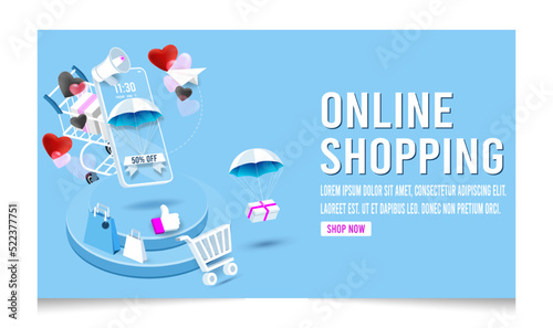 3D isometric Shopping online concept with shopping cart and parcel box float in the air above a smartphone for website, mobile application, web banner or discount coupons. Vector illustration EPS 10