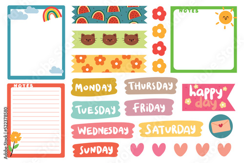 collection of weekly and daily planner sticker, notes, to do list, with lettering and cute icon. template for agenda, check list, stationery