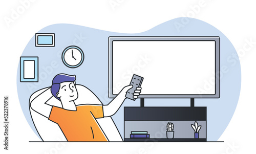 Man watch TV. Guy switches channels at home. Rest after work and evening entertainment. Comfort and cosiness in house. Modern technologies and gadgets, television. Cartoon flat vector illustration