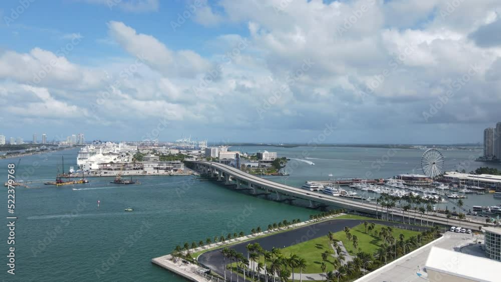 Aerial View of Bayside Marina, Cruise Ship Port Terminal, Skyviews Wheel, Miami Florida USA, Drone Shot Aerial View of Bayside Marina, Cruise Ship Port Terminal, Skyviews Wheel, Miami Florida USA, Drone Shot