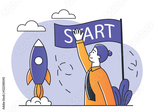 Concept of start up. Girl launches rocket, talented entrepreneur. Business and financial literacy, idea, insight and creative personality. Successful businesswoman. Cartoon flat vector illustration
