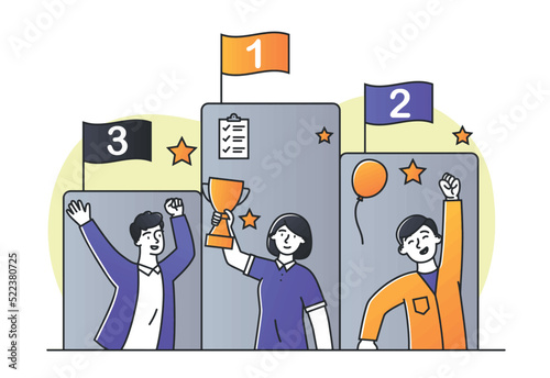 Set of winners. Characters on imaginary pedestal, talented and hardworking employees. Motivation and leadership, congratulations for workers. Achievements and trophy. Cartoon flat vector illustration