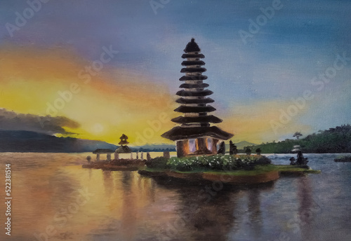 painting of sunset scenery in the tourist area of ​​​​Ulun Danu Batur Temple, Bali, Indonesia