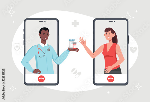 Online pharmacy concept. Man prescribes medicine to woman. Diagnosis and selection of optimal treatment method, remote specialist and video call on internet. Cartoon flat vector illustration