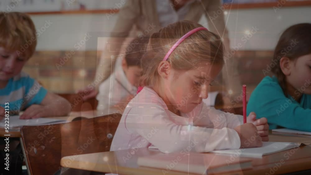Animation of network of connections over two caucasian girls studying in the class at school Animation of network of connections over two caucasian girls studying in the class at school