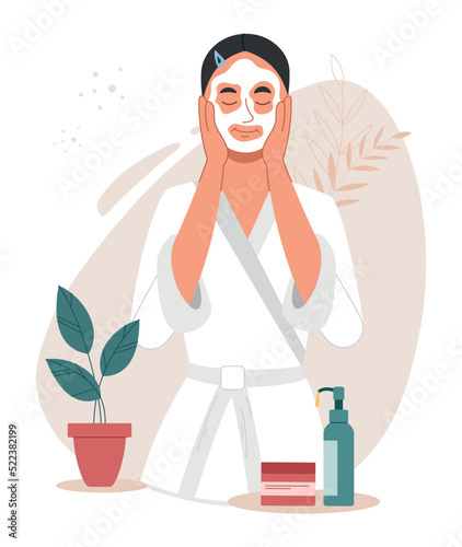 Skin care concept. Young girl puts mask on her face, health care, beauty and hygiene. Woman with beauty products, SPA treatments, moisturizing gel, hygienic procedure. Cartoon flat vector illustration