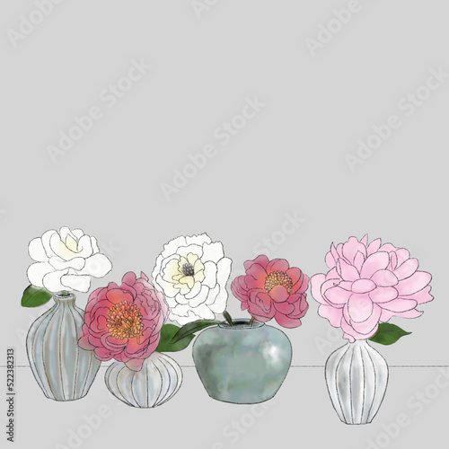 一輪挿しの花のイラスト、牡丹のフラワーアレンジメント、陶製花器と大きな花、並べた花瓶と花