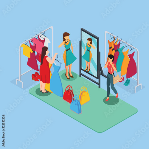 Women try on dresses in clothing boutique isometric 3d vector illustration concept for banner, website, illustration, landing page, flyer, etc.