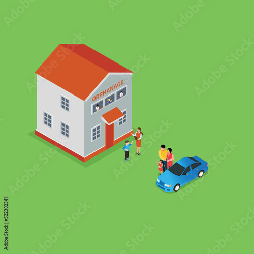 Happy parents adopting little girl from orphanage isometric 3d vector illustration concept for banner, website, illustration, landing page, flyer, etc. photo